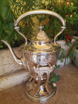 Fine Antique Silver Sterling Tea Kettle With Stand 1920c.  Hand Decorated 4