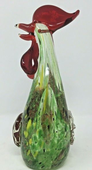 Multi Colored Confetti Murano Style Art Glass Rooster Chicken 9 " Tall Green