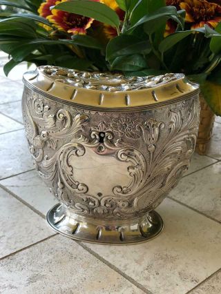 Antique 19thc Rare Victorian Solid Silver Embossed Tea Caddy,  W Comyns C.  1888