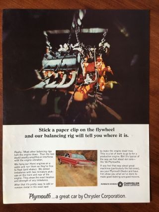 Vintage 1966 Print Ad Plymouth Hemi Engine Paper Clip On Flywheel