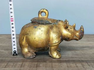 China Ancient Han Dynasty Gilt Bronze Cooking Vessel Rhinoceros Earthen Wine Pot