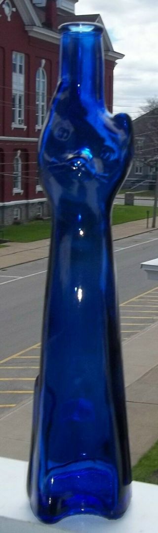 Figural Happy Cat Cobalt Blue Glass Wine Bottle Riesling Germany