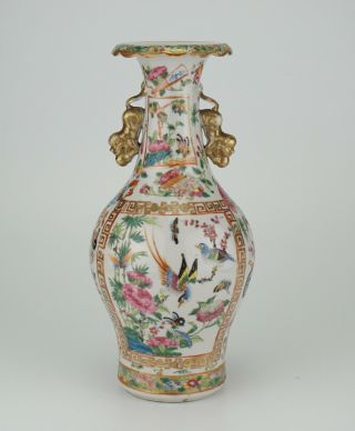 Antique Chinese Canton Famille Rose Porcelain Vase With Lion Handle 19th C Qing