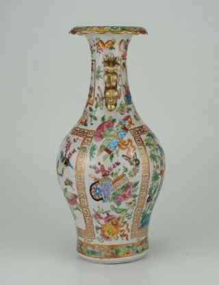 Antique Chinese Canton Famille Rose Porcelain Vase with Lion Handle 19th C QING 5