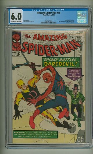 Spider - Man 16 (cgc 6.  0) Ow/w Pgs; 1st Daredevil X - Over; Ditko (c 24476)