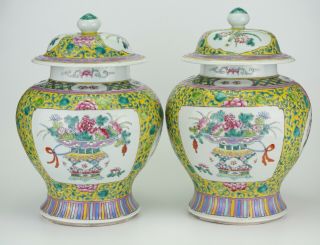 Large Pair Antique Chinese Famille Rose Porcelain Vase Temple Jar & Lid 19th C