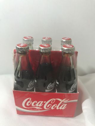 Vintage 1992 Coca - Cola Miniature Glass Bottles 6 Pack Bottles 3 " Tall