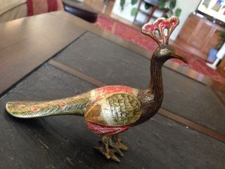 Brass Bird Peacock Figure,  Enamel Engraved