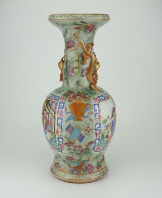LARGE Antique Chinese Celadon Famille Rose Porcelain Vase Chilong Dragon 19th C 10