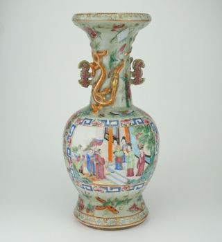 LARGE Antique Chinese Celadon Famille Rose Porcelain Vase Chilong Dragon 19th C 6