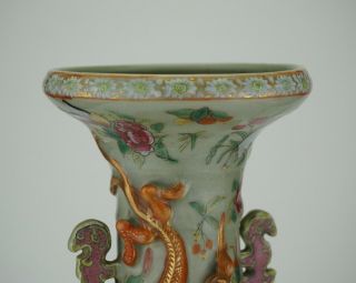 LARGE Antique Chinese Celadon Famille Rose Porcelain Vase Chilong Dragon 19th C 8