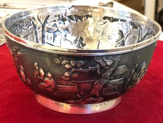 C.  1885 Chinese Export Antique Sterling Silver Bowl Depicting Asian Family Life