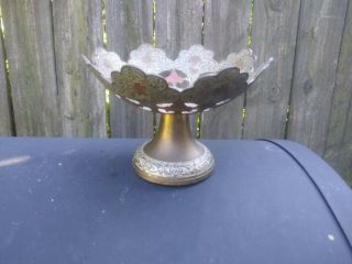 Vintage Brass Enameled Bowl On Pedestal