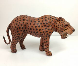 Handmade Leather Covered Leopard Cheetah 13” Figurine