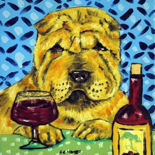 Shar Pei At The Wine Bar Dog Art Tile Coaster Gift Animals Impressionism