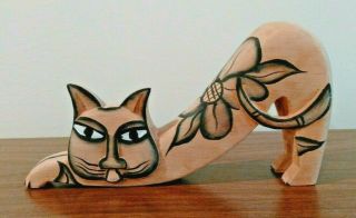 Wooden Hand Painted Cat Figure 3 Dimensional Figural Art Deco Playful Decor
