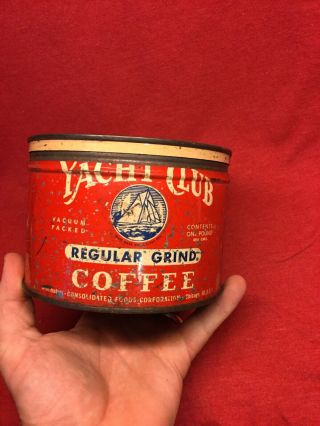 Vintage Consolidated Foods Yacht Club One Pound Coffee Tin Chicago Illinois