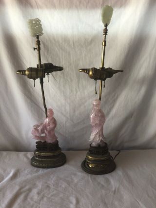 Pair Chinese Export Figural Kuan Yin Carved Rose Quartz Jade Table Lamps