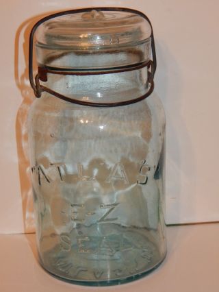 Antique Atlas E - Z Seal,  Light Blue 1 Quart Jar,  Wire Bail W/ Glass Lid