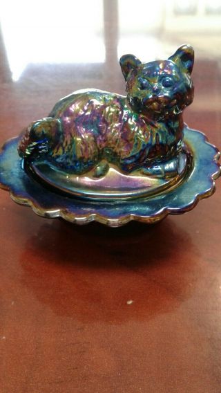 Cat On Nest Salt Dip Purple Carnival Glass Mosser