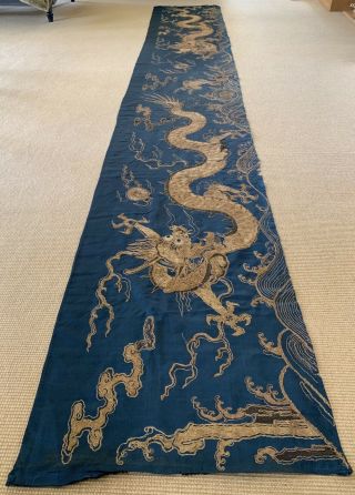 Rare Antique Chinese Japanese Very Large Silk Dragon Panel Gilt Thread