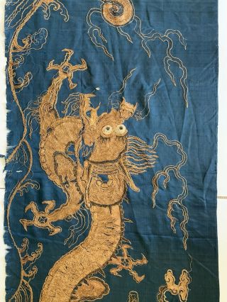 Rare Antique Chinese Japanese Very Large Silk Dragon Panel Gilt Thread 4
