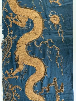 Rare Antique Chinese Japanese Very Large Silk Dragon Panel Gilt Thread 6