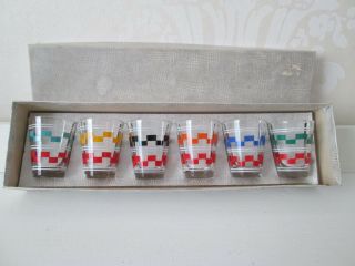 Set Of 6 French Shot Glasses With Chequered Pattern Vintage 1950s/60s Boxed.