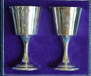 Pair Queen Elizabeth Royal Jubilee Crown Sterling Silver Toasting Goblet Cups