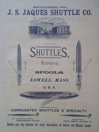 1890 Ad (h23) J.  S.  Jaques Shuttle Co.  Lowell,  Mass.  Shuttles,  Bobbins And Spools