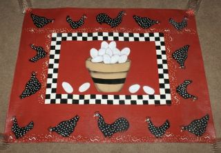 Vintage Folk Art Hand Painted Chickens & Egg Basket Floor Cloth Signed