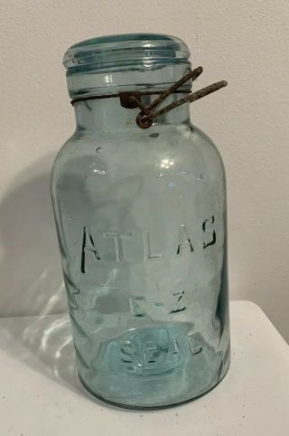 Vintage Atlas E - Z Seal Blue Aqua Canning Jar Wire & Glass Lid 64 Oz.
