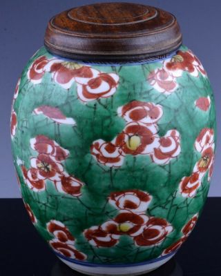 Rare 17thc Chinese Transistional Kangxi Wucai Enamel & Blue White Tea Caddy Jar