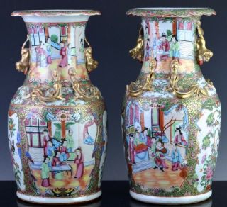 2 Very Fine 19thc Chinese Canton Famille Rose Imperial Figures Dragon Vases