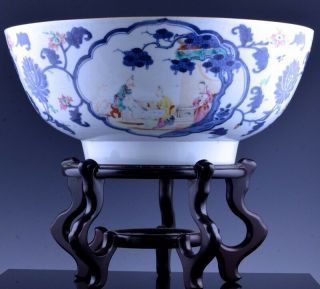 Fine Large 18thc Chinese Qianlong Famille Rose & Blue White Punch Bowl W Stand