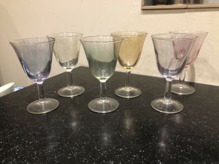 Vintage French Multi Coloured Iridescent Wine Glasses X 6