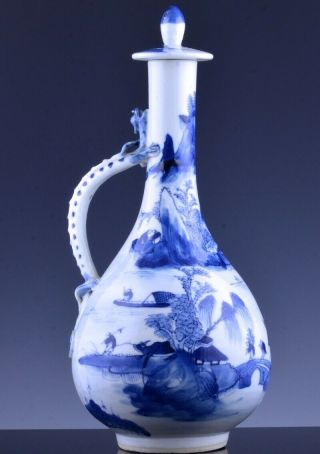 Fine 19thc Chinese Qing Blue White Water Landscape Dragon Wine Pitcher Ewer 1