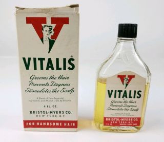 Vintage Glass Vitalis Hair Groom 4 Oz.  Bottle With Box Label Rare