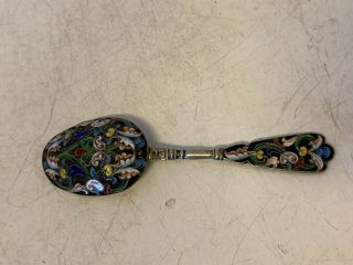Antique Russian Silver Enamel Sugar Scoop Spoon W/ Floral Dec.  W/ Maker 