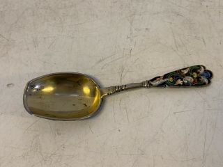 Antique Russian Silver Enamel Sugar Scoop Spoon w/ Floral Dec.  w/ Maker ' s Mark 6