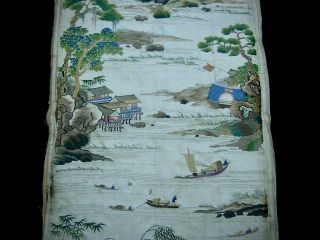 FINE RARE ANTIQUE CHINESE EMBROIDERED SILK PANEL OF ' VIEWS OF GUANGZHOU ' 2 3