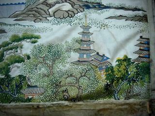 FINE RARE ANTIQUE CHINESE EMBROIDERED SILK PANEL OF ' VIEWS OF GUANGZHOU ' 1 10