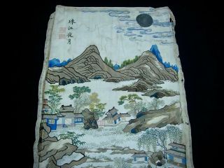 FINE RARE ANTIQUE CHINESE EMBROIDERED SILK PANEL OF ' VIEWS OF GUANGZHOU ' 1 2