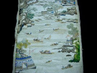 FINE RARE ANTIQUE CHINESE EMBROIDERED SILK PANEL OF ' VIEWS OF GUANGZHOU ' 1 3