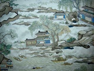 FINE RARE ANTIQUE CHINESE EMBROIDERED SILK PANEL OF ' VIEWS OF GUANGZHOU ' 1 6