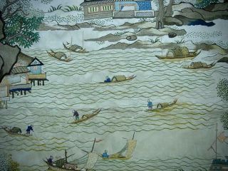 FINE RARE ANTIQUE CHINESE EMBROIDERED SILK PANEL OF ' VIEWS OF GUANGZHOU ' 1 7