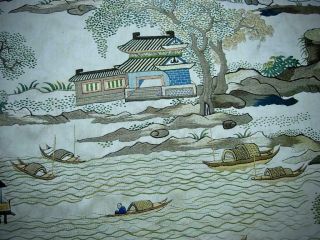FINE RARE ANTIQUE CHINESE EMBROIDERED SILK PANEL OF ' VIEWS OF GUANGZHOU ' 1 8