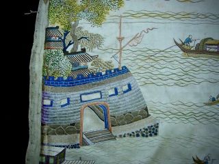 FINE RARE ANTIQUE CHINESE EMBROIDERED SILK PANEL OF ' VIEWS OF GUANGZHOU ' 1 9