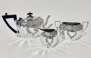 Quality Antique Solid Sterling Silver 3 Piece Tea Set Teapot Milk Jug Sugar Bowl