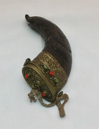 Tibetan Buddhist Carved Horn Box Ritual Object Mythological Being Dharma Symbols 2